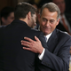 Former House Speaker John Boehner hugs his replacement Paul Ryan, in 2015.